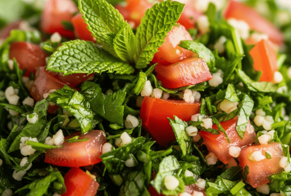 Close-up hero shot of authentic Lebanese tabbouleh with finely chopped parsley, tomatoes, mint and a hint of bulgur in a white bowl.