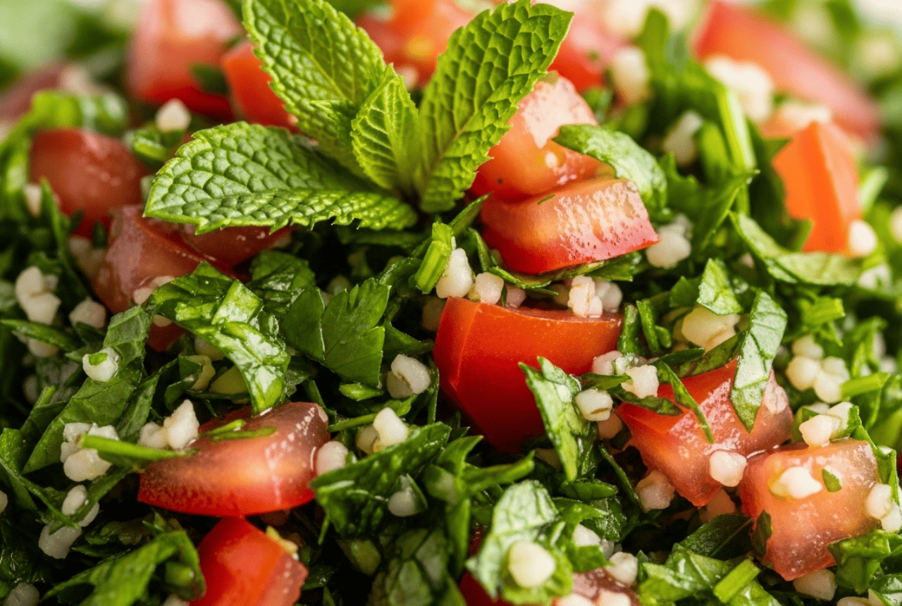 Close-up hero shot of authentic Lebanese tabbouleh with finely chopped parsley, tomatoes, mint and a hint of bulgur in a white bowl.