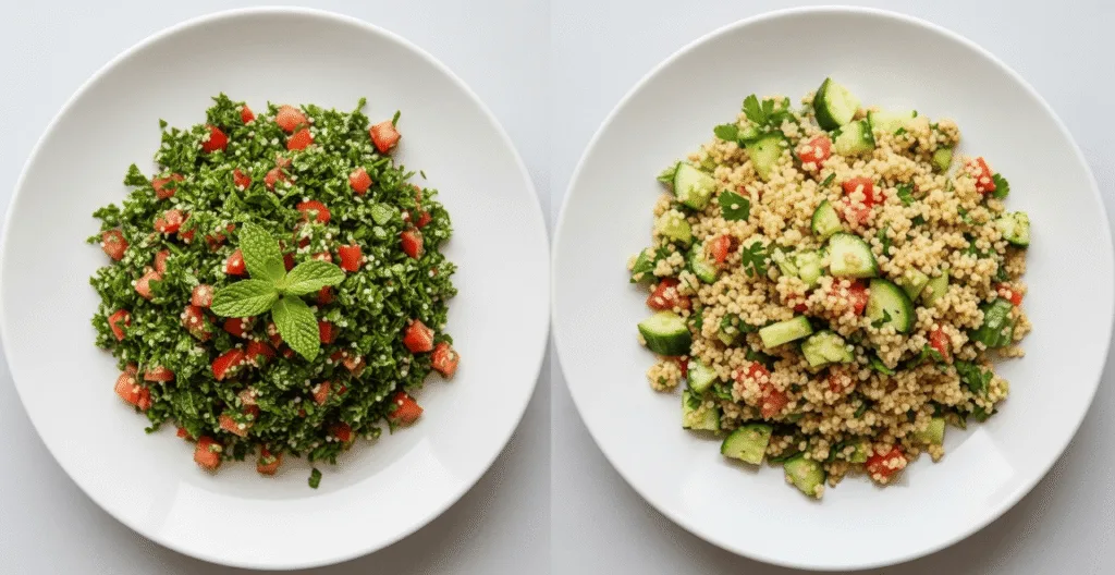 Side-by-side comparison of authentic Lebanese tabbouleh versus deli-style tabbouleh with too much bulgur.