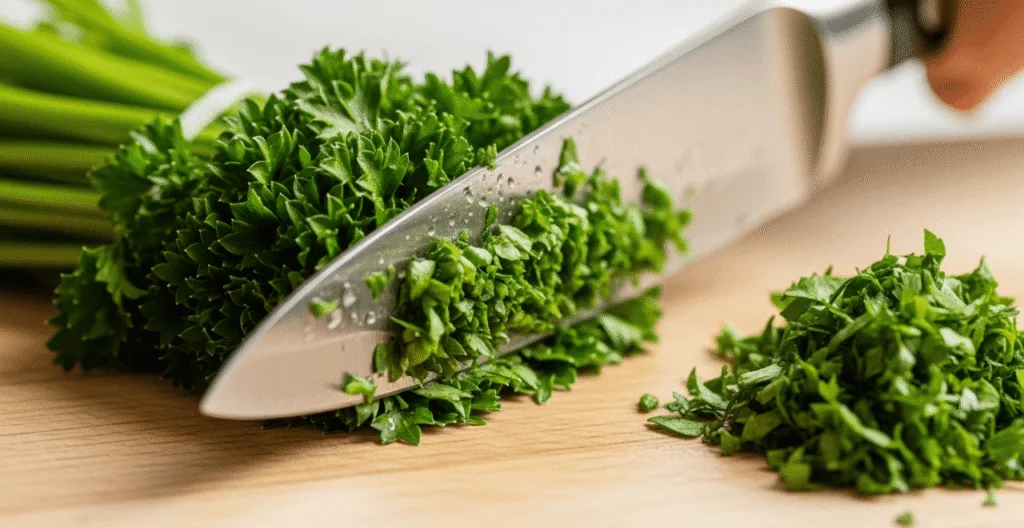 Macro shot of flat-leaf parsley being finely minced with a chef’s knife on a wooden board.