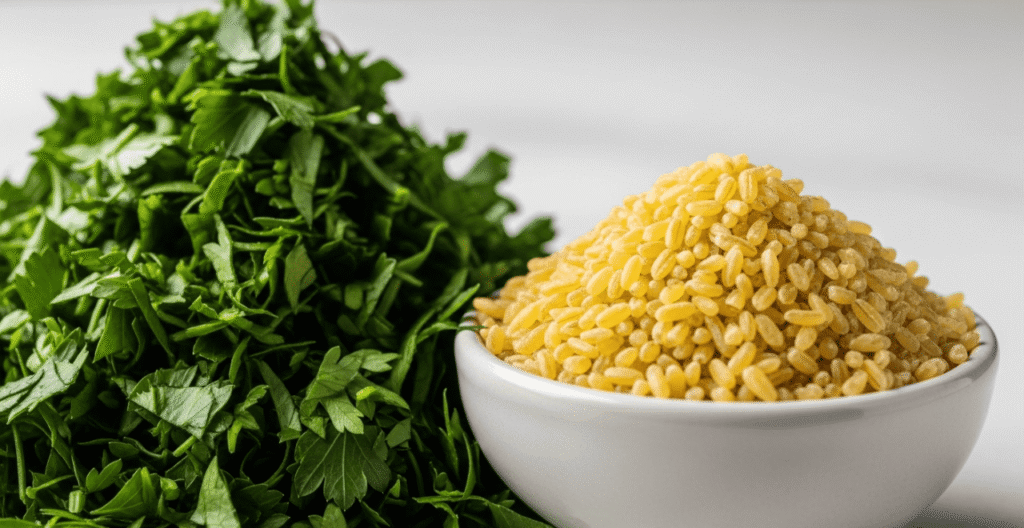 Small bowl of fine bulgur next to a much larger pile of chopped fresh parsley.
