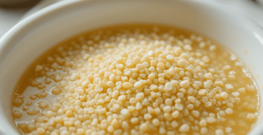 Fine bulgur soaking in lemon juice in a small white bowl.