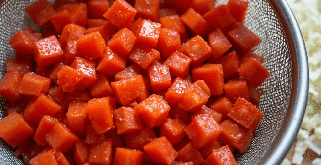 Finely diced Roma tomatoes draining in a sieve with diced onions beside them.