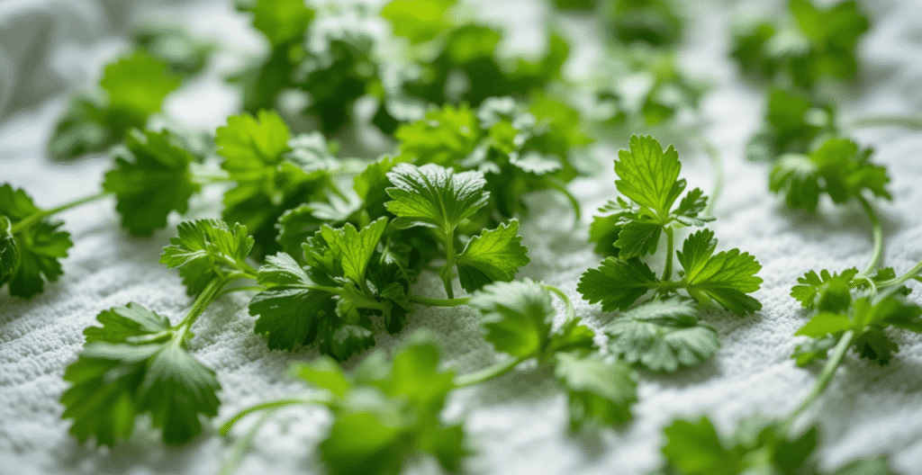 Fresh parsley and mint drying on a kitchen towel before chopping.