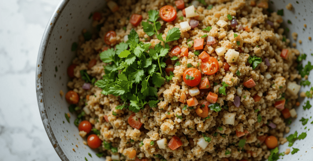 Bowl filled with parsley, mint, tomatoes, onions and bulgur before mixing.