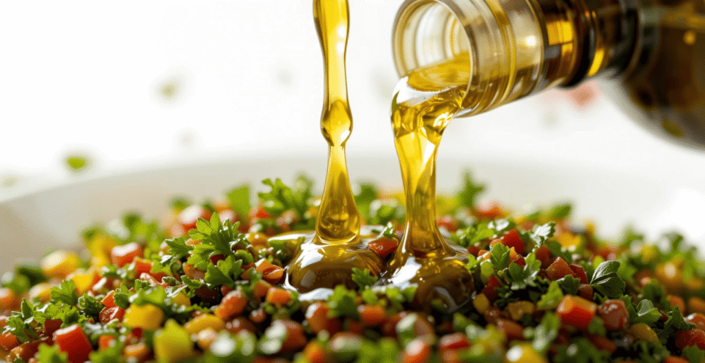 Olive oil being drizzled over chopped herbs and tomatoes for tabbouleh.