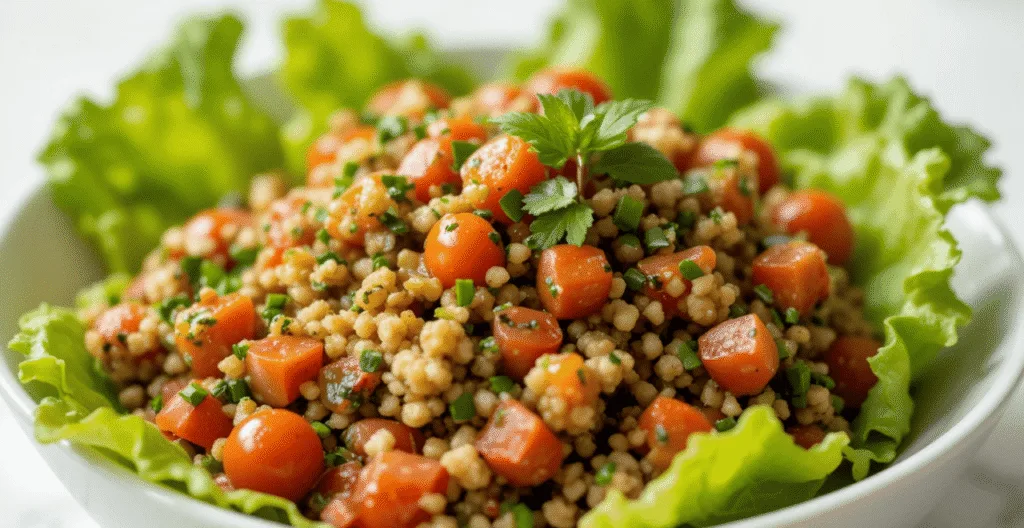 Bowl of authentic Lebanese tabbouleh served with crisp lettuce leaves.