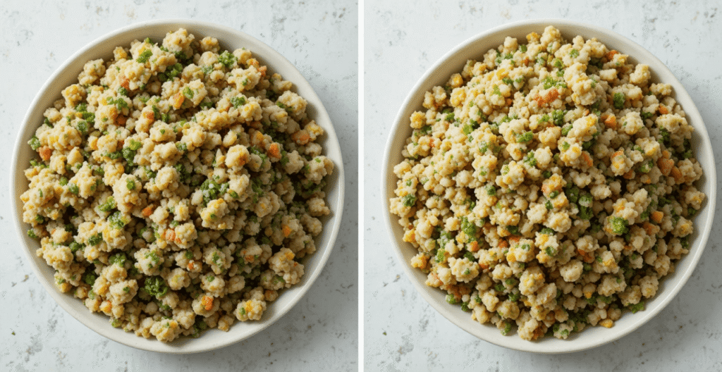 Side-by-side comparison of soggy tabbouleh and perfectly dry, finely chopped tabbouleh.