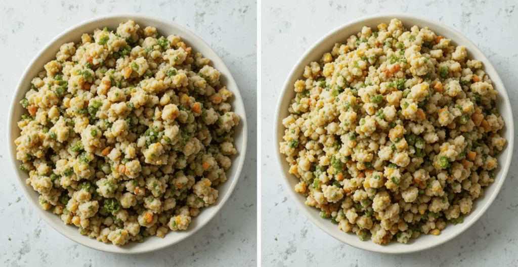 Side-by-side comparison of soggy tabbouleh and perfectly dry, finely chopped tabbouleh.