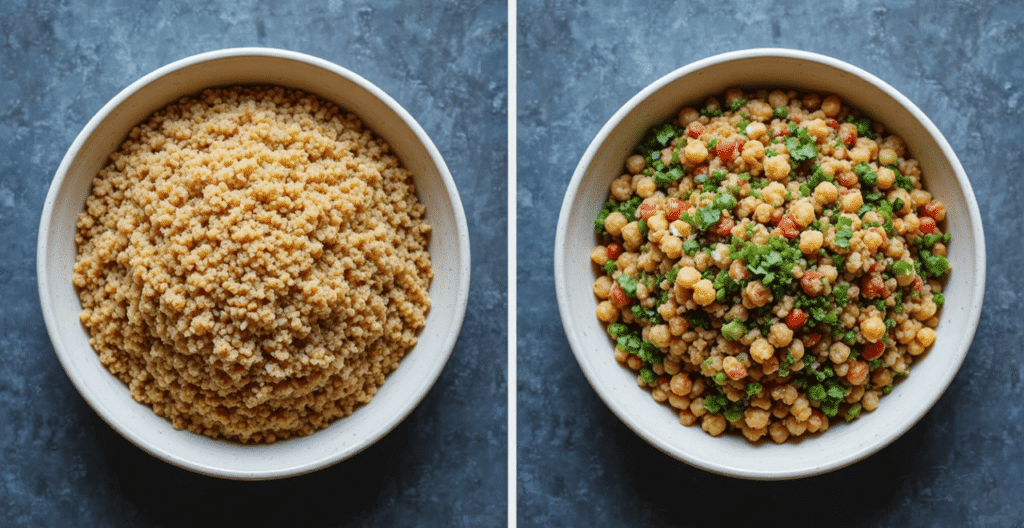 Small bowls showing different tabbouleh variations such as quinoa tabbouleh and Palestinian-style tabbouleh.