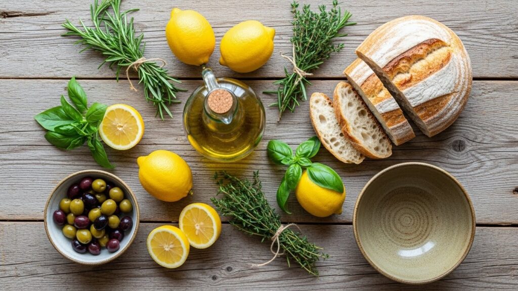 Rustic Mediterranean table with olive oil, herbs, lemons, bread, and olives.