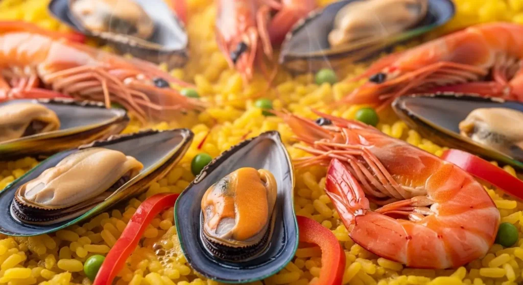 Fresh prawns and mussels being arranged on simmering paella rice.
