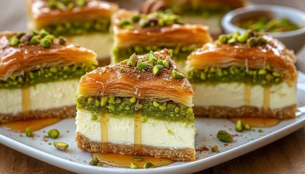 A slice of Pistachio Baklava Cheesecake showing crispy phyllo layers and creamy filling.