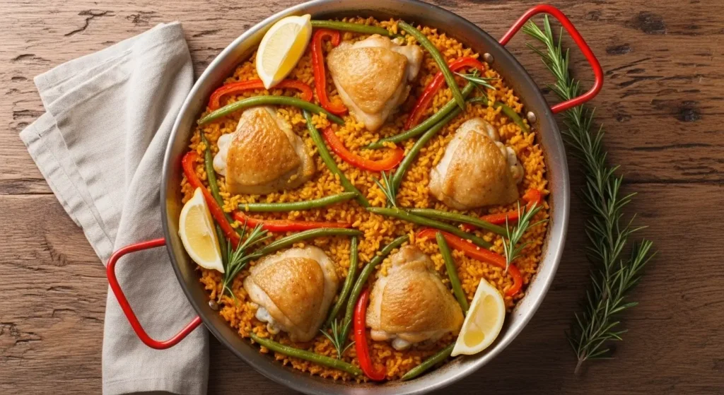 Authentic Spanish chicken paella with saffron rice and tender chicken thighs.