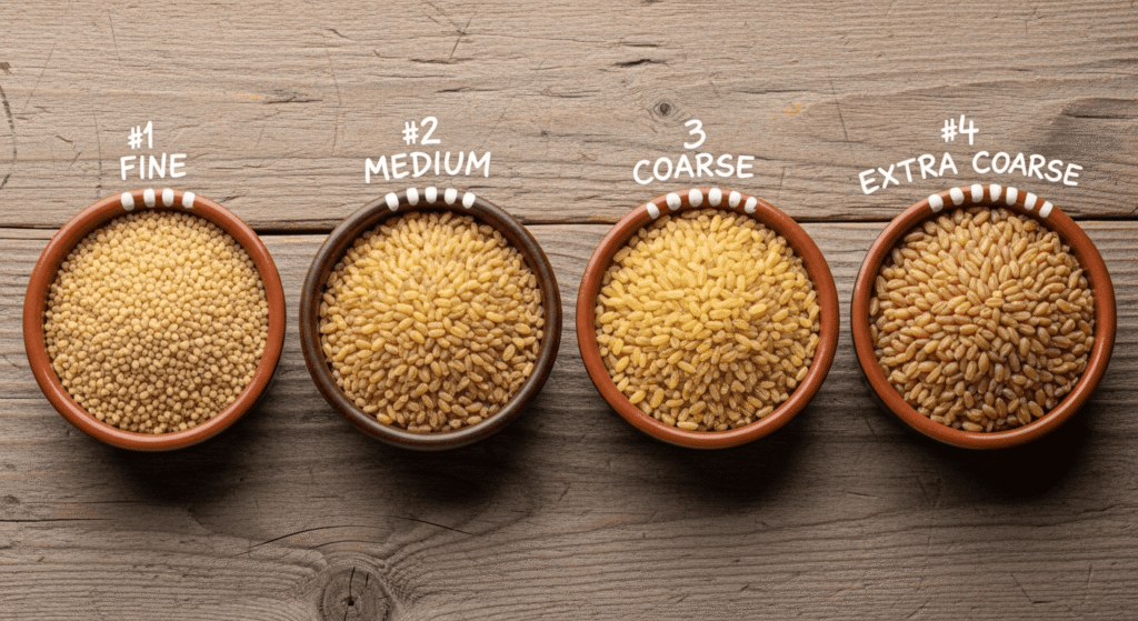 Comparison of bulgur wheat grades, fine, medium, coarse and extra-coarse, displayed in separate bowls.