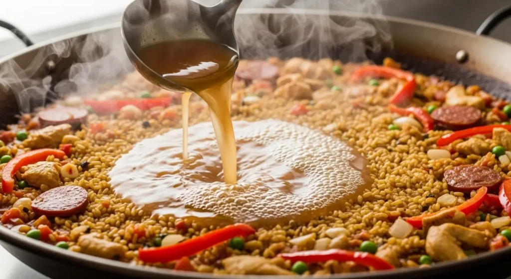 Broth being carefully poured into a paella pan over toasted rice and sofrito.