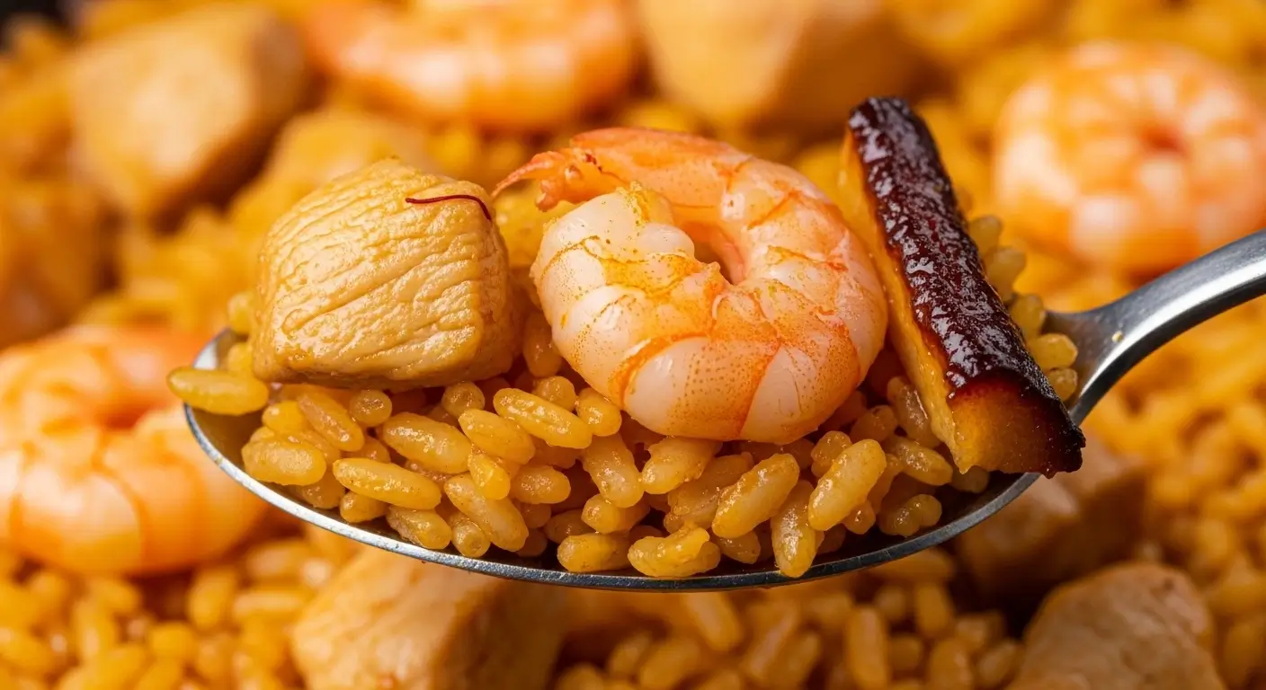 Macro close-up of a spoonful of paella showing crispy socarrat, saffron rice, and seafood/chicken.