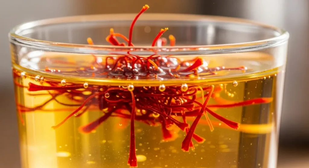 Saffron threads infusing in warm water, releasing color for paella.