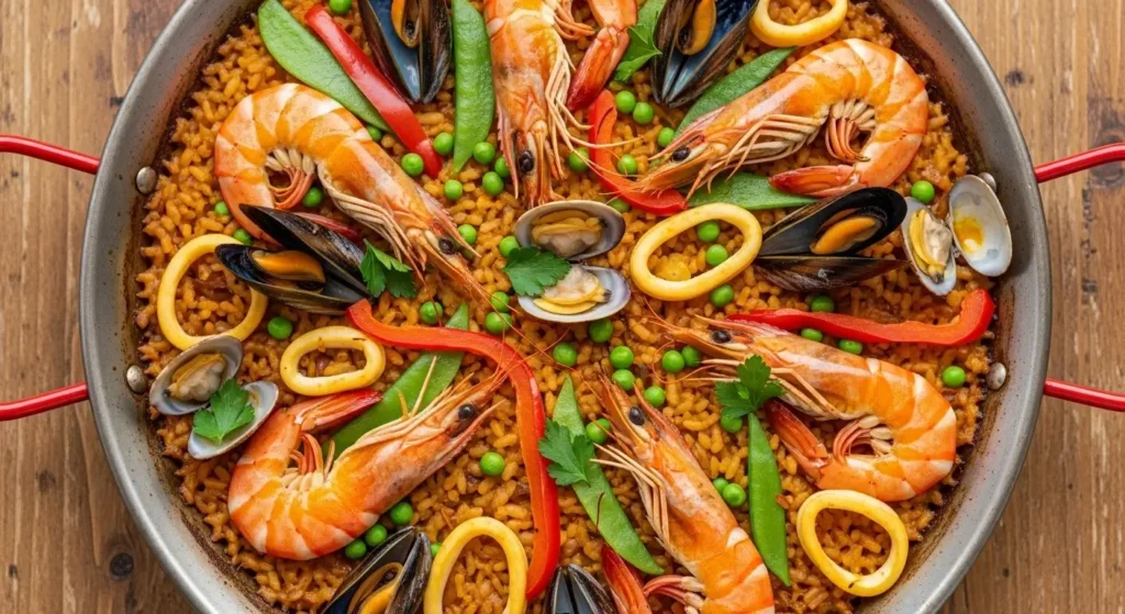 Traditional Spanish seafood paella with prawns, mussels, squid, and saffron rice.