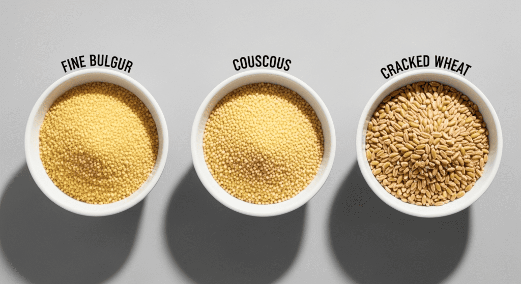 Side-by-side comparison of fine bulgur, couscous and cracked wheat in small bowls.