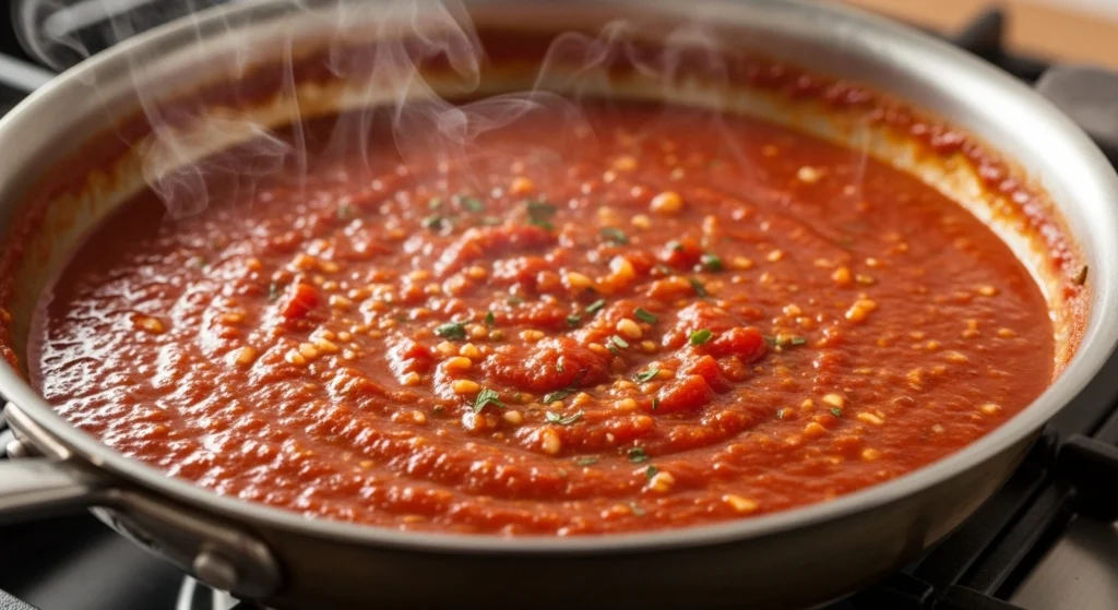 thick tomato sauce simmering for perfect shakshuka consistency