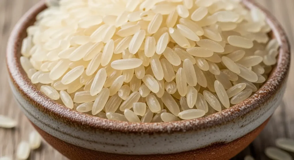 Close-up of dry bomba rice grains, ideal for authentic paella.