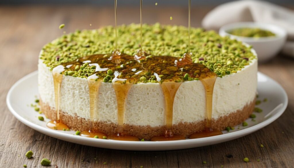 Honey drizzling over a whole Baklava Cheesecake topped with pistachios.