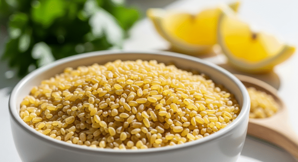 Fine bulgur wheat in a white bowl with parsley and lemon, ideal for authentic Lebanese tabbouleh.
