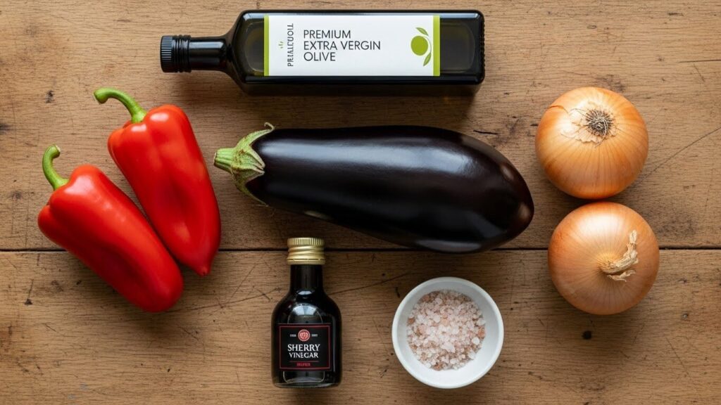 Raw ingredients for Escalivada: whole eggplant, peppers, onion, and olive oil.