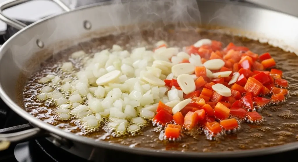 Onions, garlic, and bell peppers cooking in olive oil to create a paella sofrito base.
