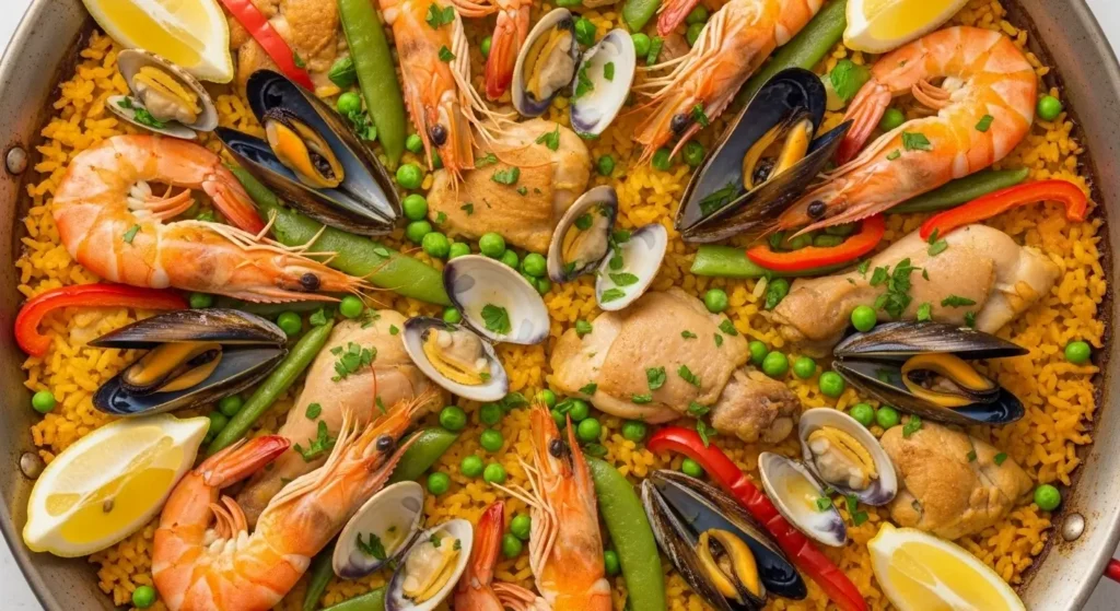 Overhead view of a delicious, fully cooked paella in a traditional pan, ready to serve.