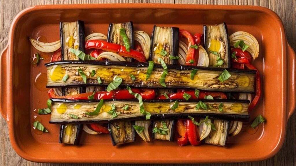 Escalivada recipe final plate. Authentic Catalan roasted vegetables with olive oil.