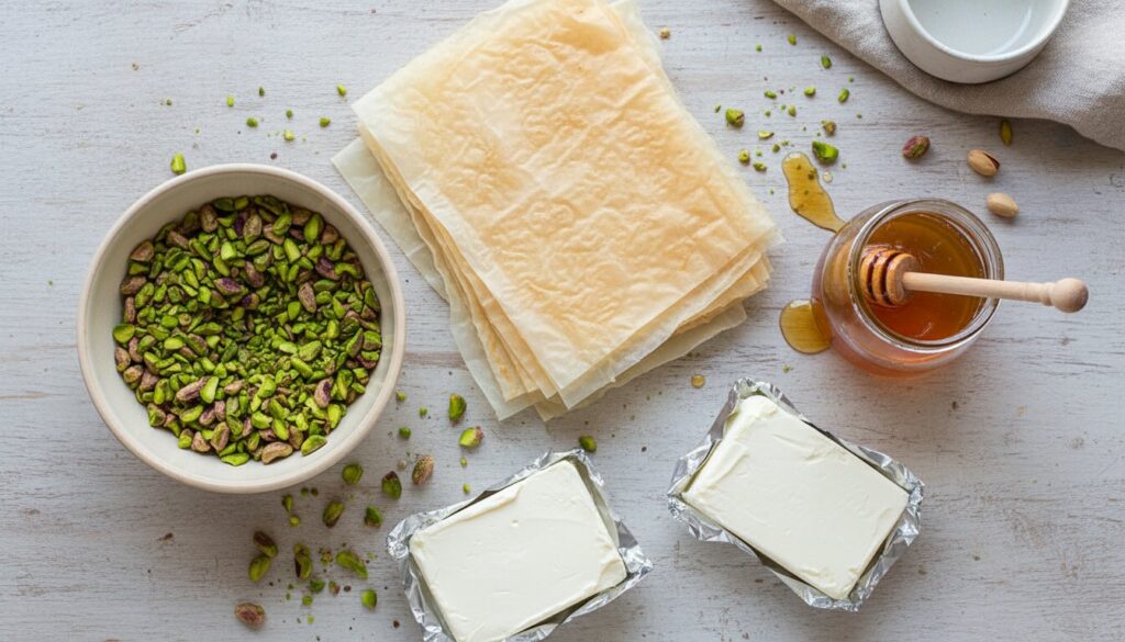 Ingredients for Baklava Cheesecake recipe including pistachios and phyllo dough.