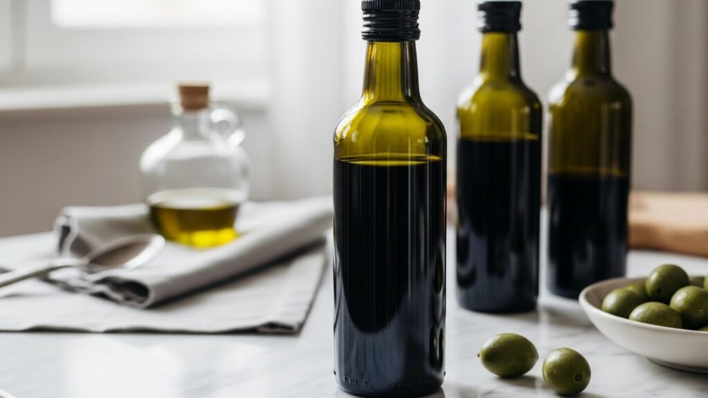 Premium extra virgin olive oil bottles on a marble surface in natural Mediterranean light.