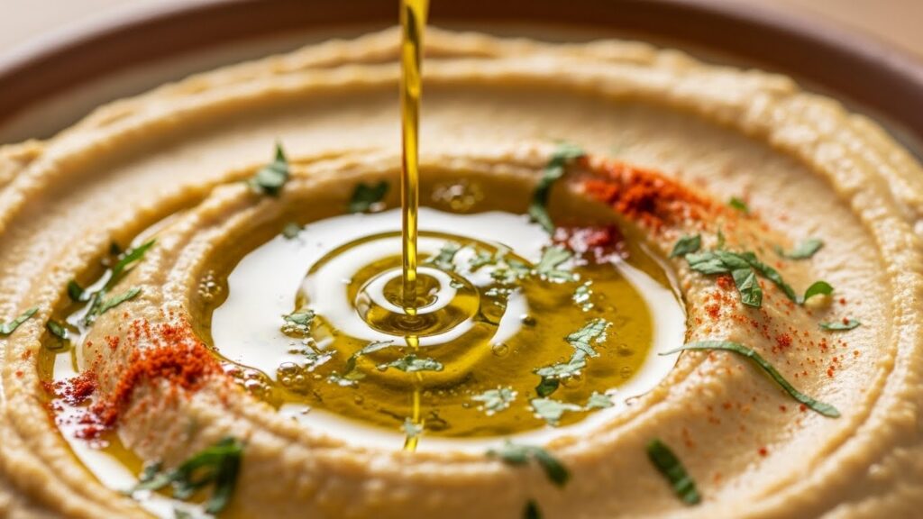 Olive oil drizzled over creamy hummus in a close-up macro food shot.