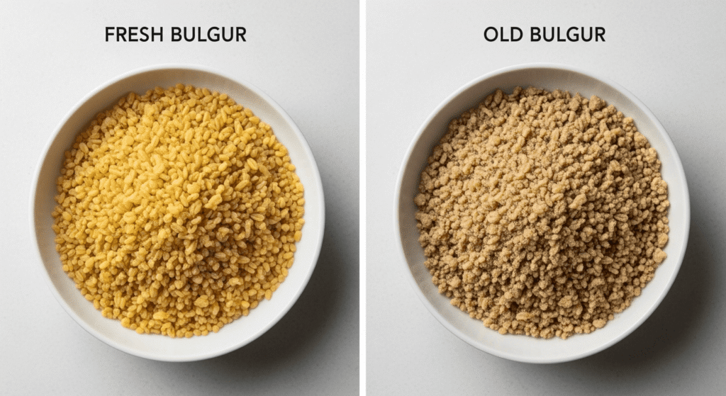 Side-by-side comparison of high-quality bulgur versus low-quality bulgur based on color and texture.