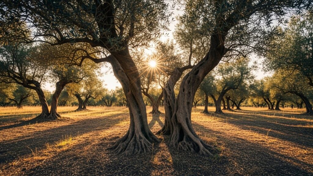 Golden-hour Mediterranean olive grove with ancient olive trees and warm sunlight.
