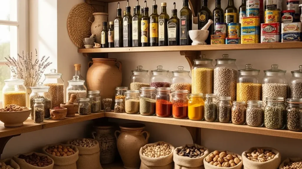 Mediterranean pantry shelf with essential ingredients