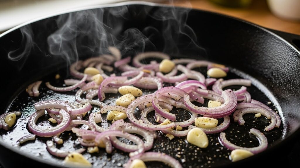 Onions and garlic sautéing in extra virgin olive oil in a cast-iron pan.