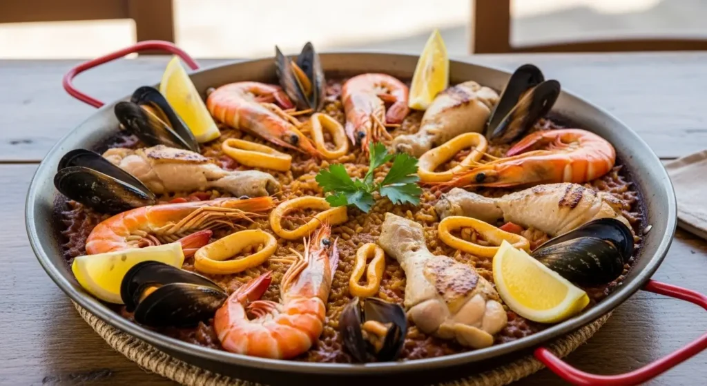 Authentic Spanish paella with seafood and chicken, garnished with lemon and parsley in a traditional paella pan.