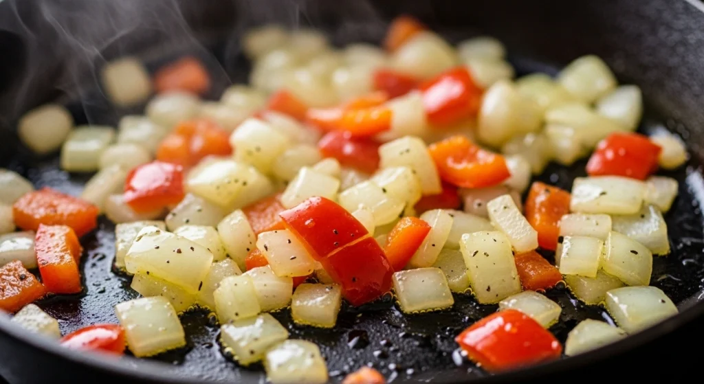 sautéing onions and bell peppers for shakshuka base