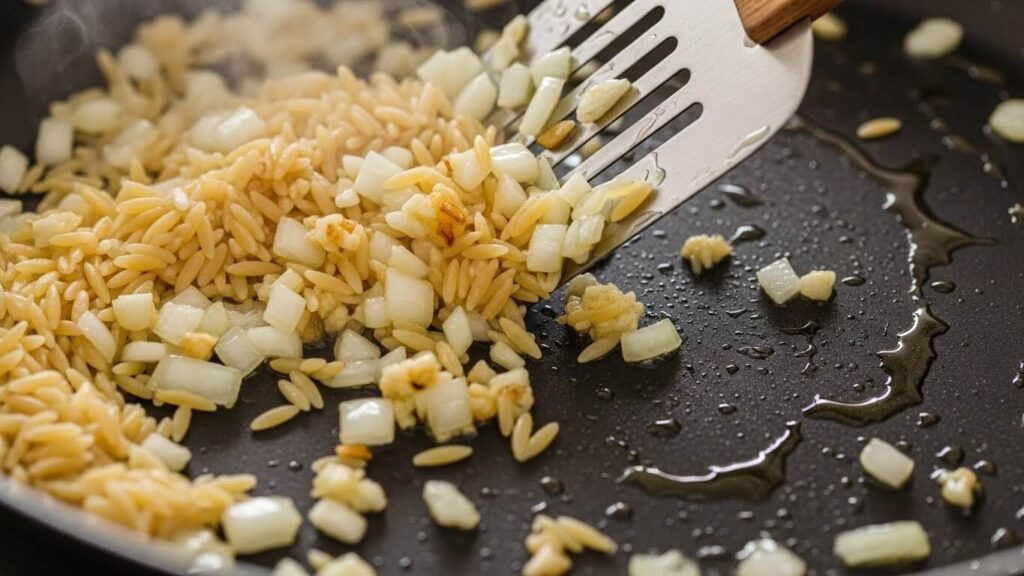Orzo being toasted with garlic and onions in olive oil to build Mediterranean flavor for the chicken and orzo dish.