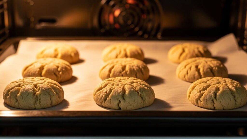 Tahini cookies baking in the oven with golden-brown edges