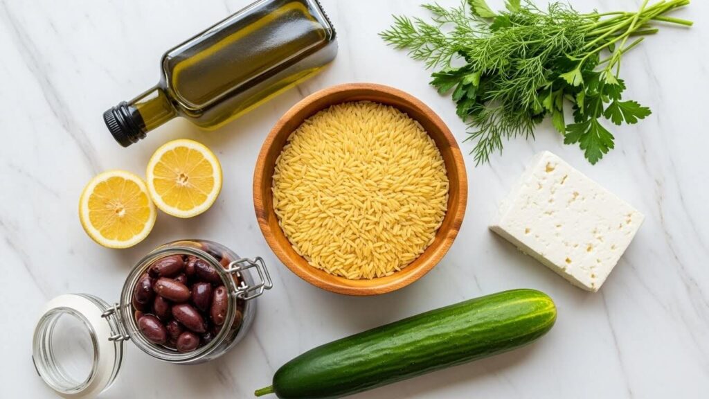 Ingredients for Mediterranean orzo salad with chickpeas and fresh herbs.
