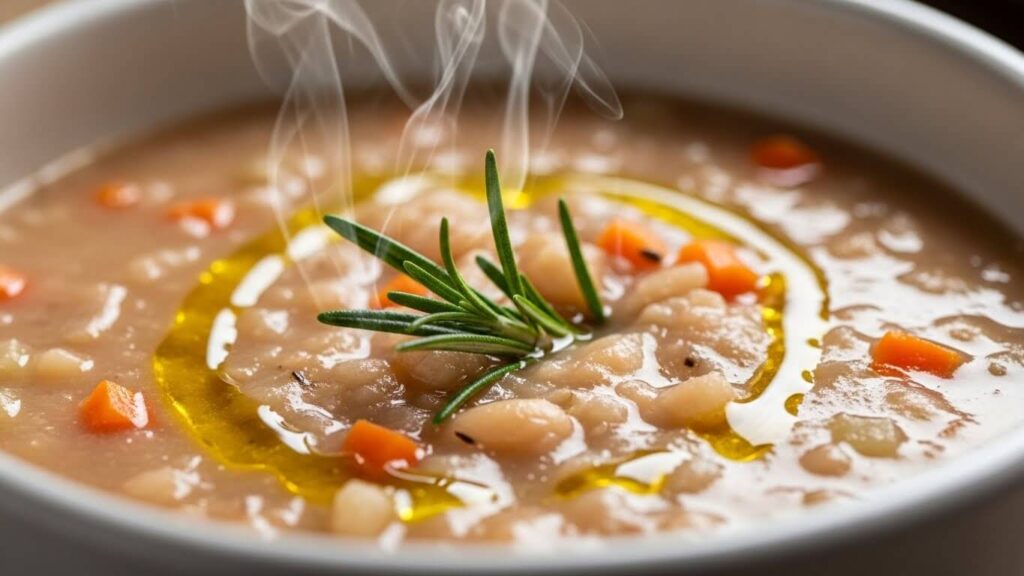 Tuscan white bean soup in a white bowl with rosemary garnish and EVOO drizzle.