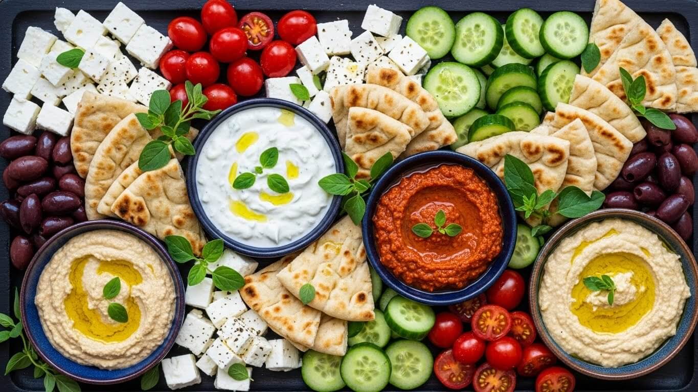 Overhead view of a classic Greek Mezze Platter with hummus, feta, olives and pita bread on a wooden board.