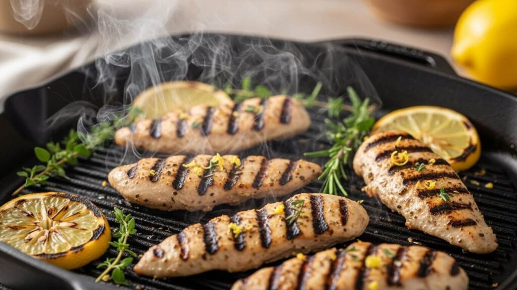 Grilling seasoned chicken for a Mediterranean Greek wrap.