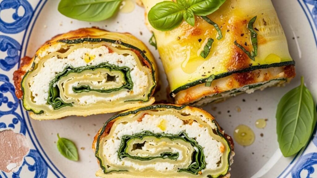 Plated serving of two zucchini lasagna rolls, showing the cross-section of the creamy ricotta filling and garnished with a light drizzle of EVOO.