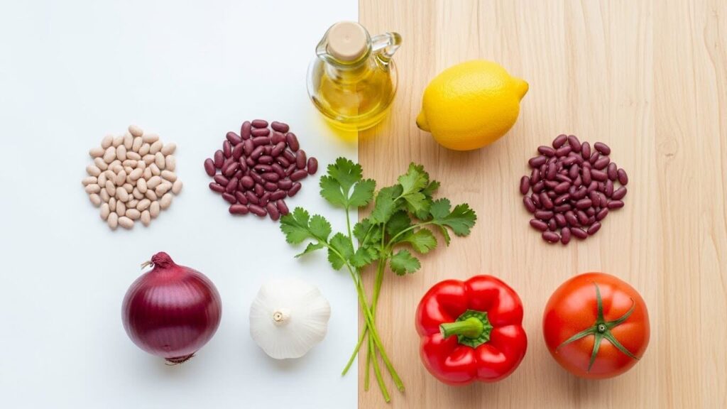 Ingredients for Mediterranean 3-Bean Salad on a table