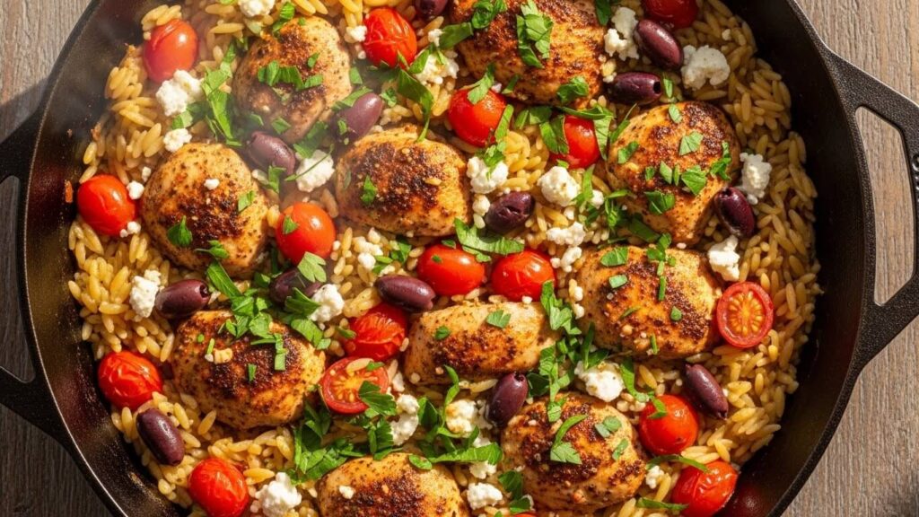 One-pan Mediterranean chicken and orzo recipe in a cast iron skillet, plated with lemon, feta and olives.